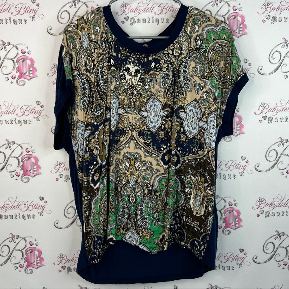 Culture tshirt tee Elegant Paisley Print Short Sleeve Top - Navy and Green